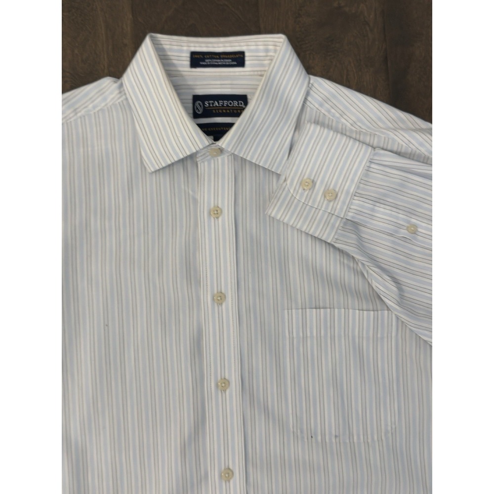 Stafford Signature Men Size 16 Cotton Striped Blue Button Up‎ Broadcloth Shirt